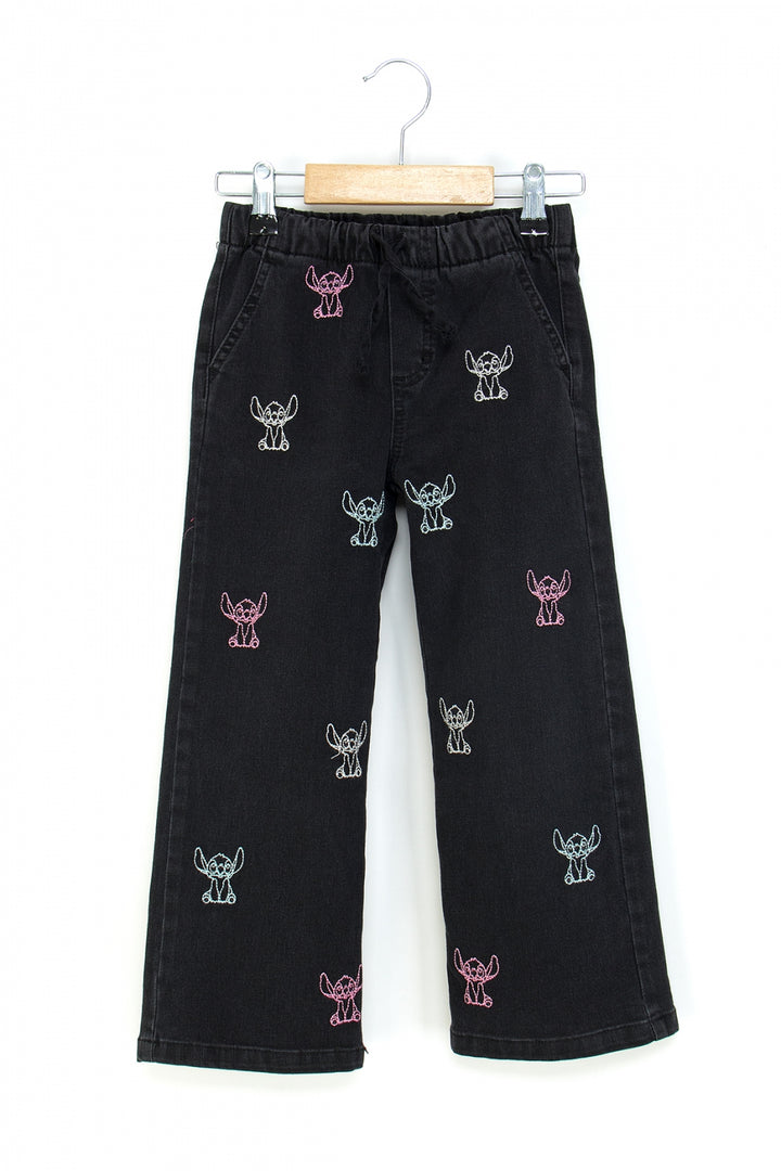 Kız Çocuk Bol Paça Kot Pantolon Beli Lastikli My Melody ve Kuromi Nakışlı Jean
