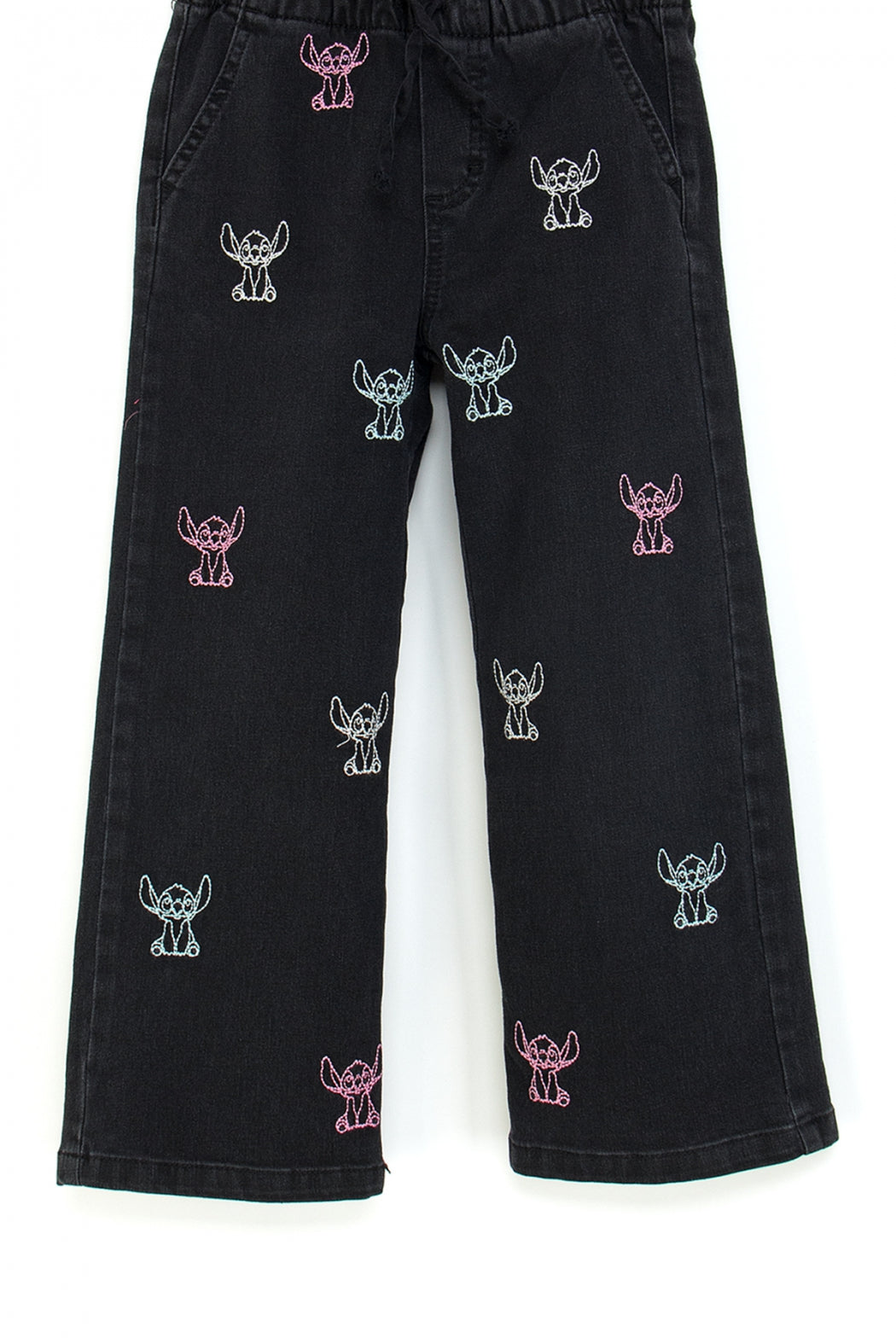 Kız Çocuk Bol Paça Kot Pantolon Beli Lastikli My Melody ve Kuromi Nakışlı Jean