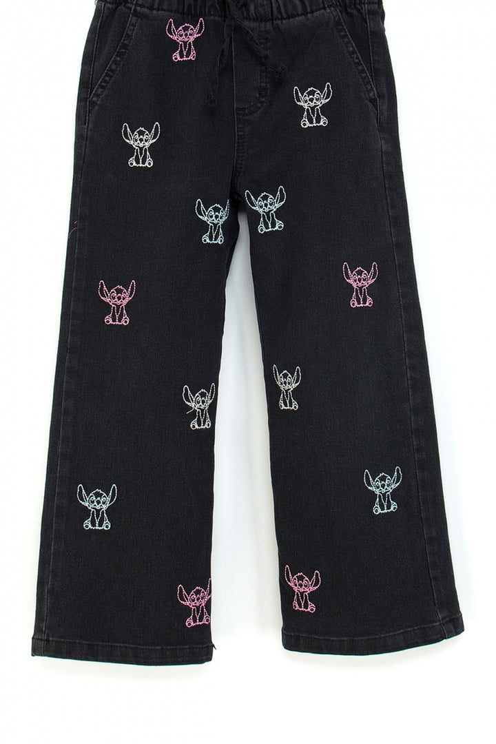 Kız Çocuk Bol Paça Kot Pantolon Beli Lastikli My Melody ve Kuromi Nakışlı Jean