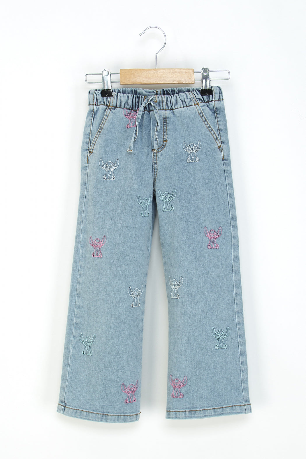 Kız Çocuk Bol Paça Kot Pantolon Beli Lastikli My Melody ve Kuromi Nakışlı Jean