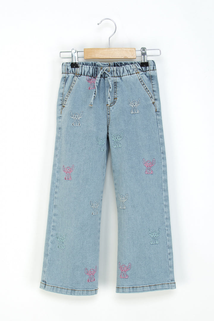 Kız Çocuk Bol Paça Kot Pantolon Beli Lastikli My Melody ve Kuromi Nakışlı Jean