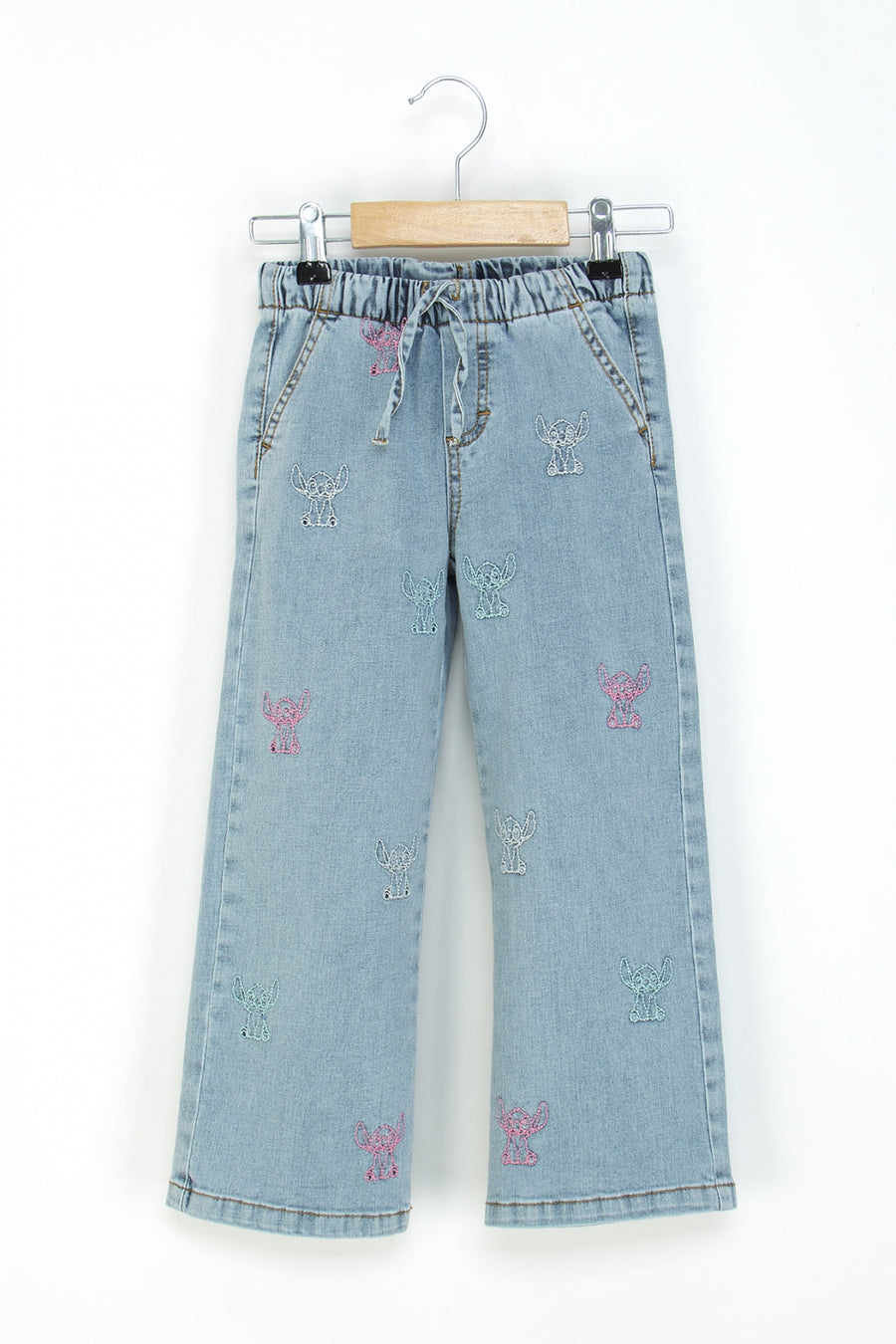 Kız Çocuk Bol Paça Kot Pantolon Beli Lastikli My Melody ve Kuromi Nakışlı Jean