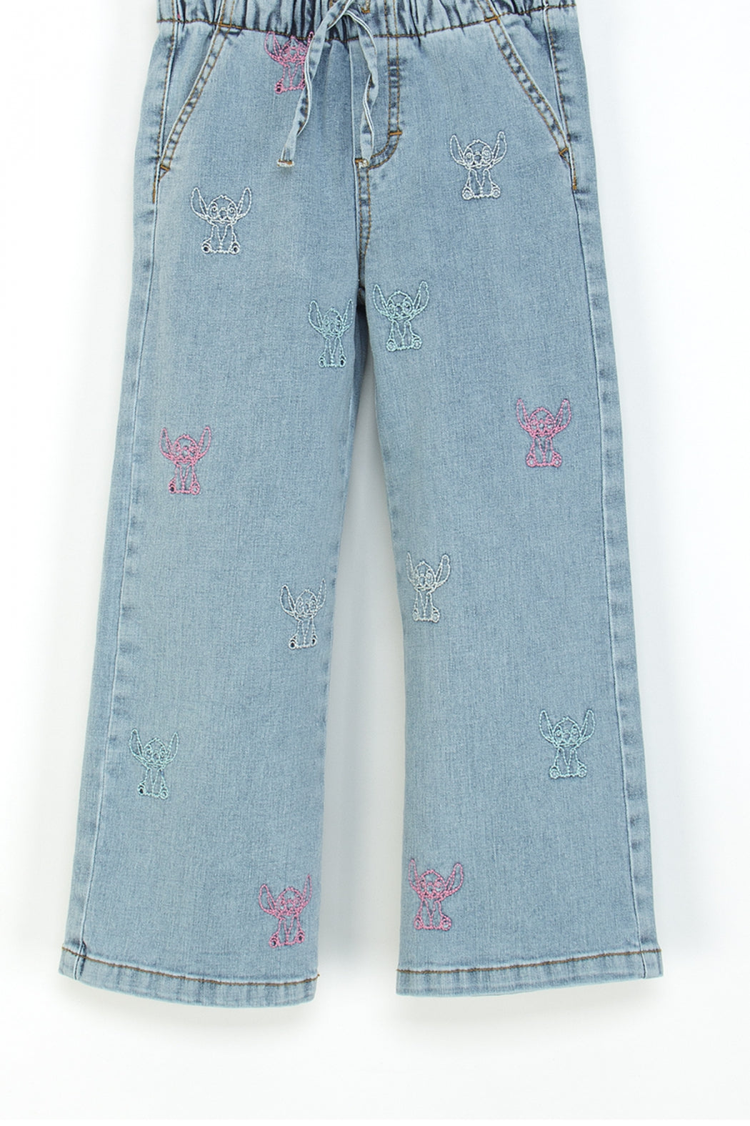 Kız Çocuk Bol Paça Kot Pantolon Beli Lastikli My Melody ve Kuromi Nakışlı Jean