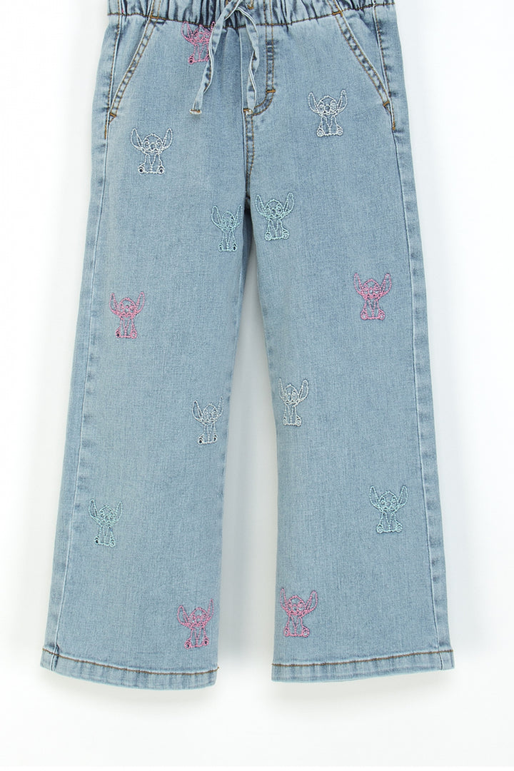Kız Çocuk Bol Paça Kot Pantolon Beli Lastikli My Melody ve Kuromi Nakışlı Jean