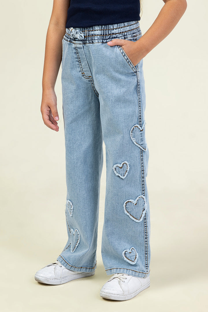 Kız Çocuk Kalp Detaylı Geniş Paça Jean Pantolon
