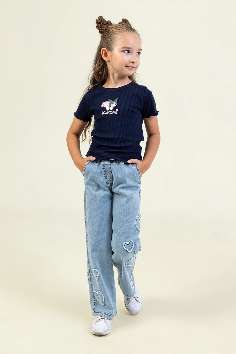Kız Çocuk Kalp Detaylı Geniş Paça Jean Pantolon