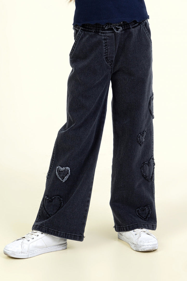 Kız Çocuk Kalp Detaylı Geniş Paça Jean Pantolon
