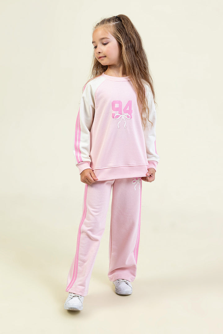 Kız Çocuk Şeritli Eşofman Takım 94 Baskılı Sweatshirt ve Geniş Paça Eşofman Altı