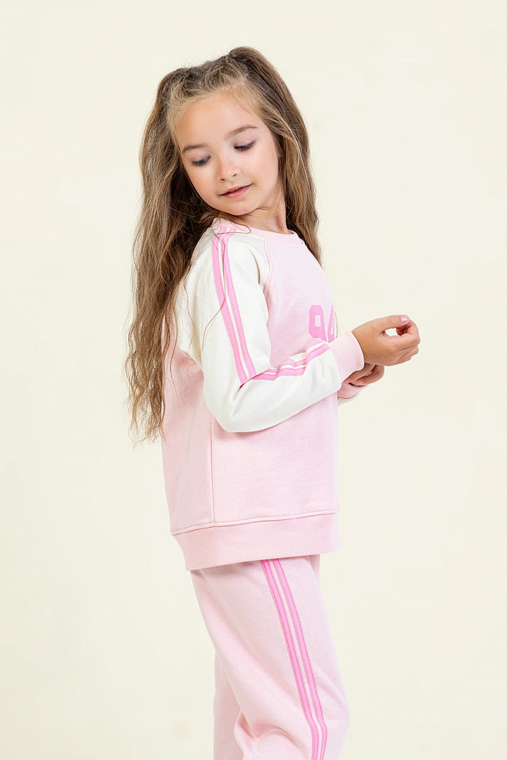 Kız Çocuk Şeritli Eşofman Takım 94 Baskılı Sweatshirt ve Geniş Paça Eşofman Altı