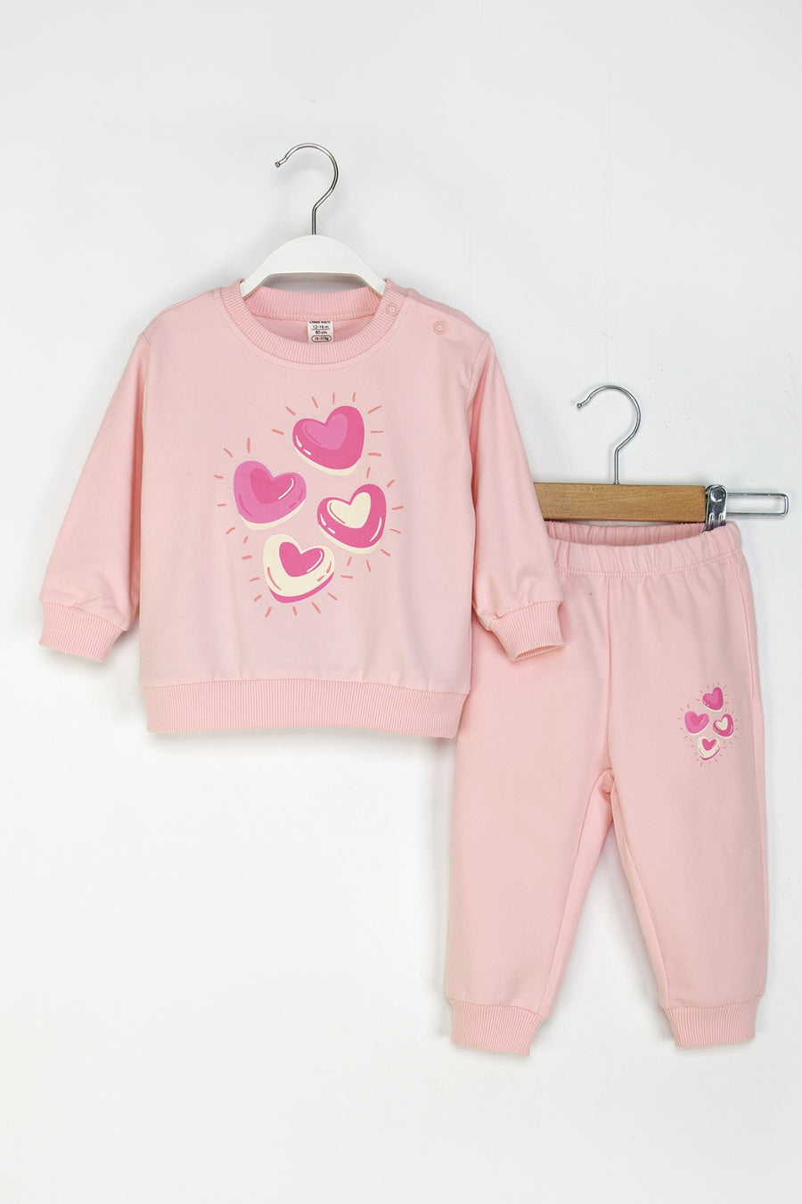 Kız Bebek Kalpli Eşofman Takım Bisiklet Yaka Sweatshirt ve Beli Lastikli Eşofman Altı