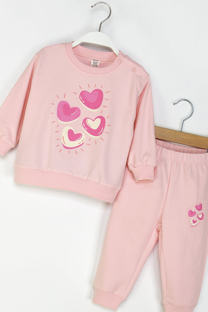 Kız Bebek Kalpli Eşofman Takım Bisiklet Yaka Sweatshirt ve Beli Lastikli Eşofman Altı