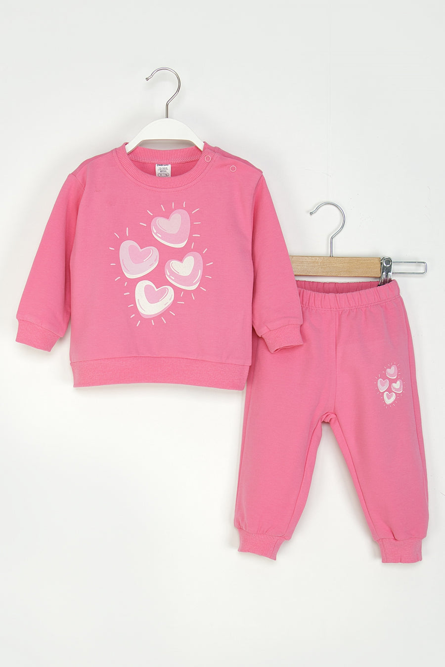 Kız Bebek Kalpli Eşofman Takım Bisiklet Yaka Sweatshirt ve Beli Lastikli Eşofman Altı