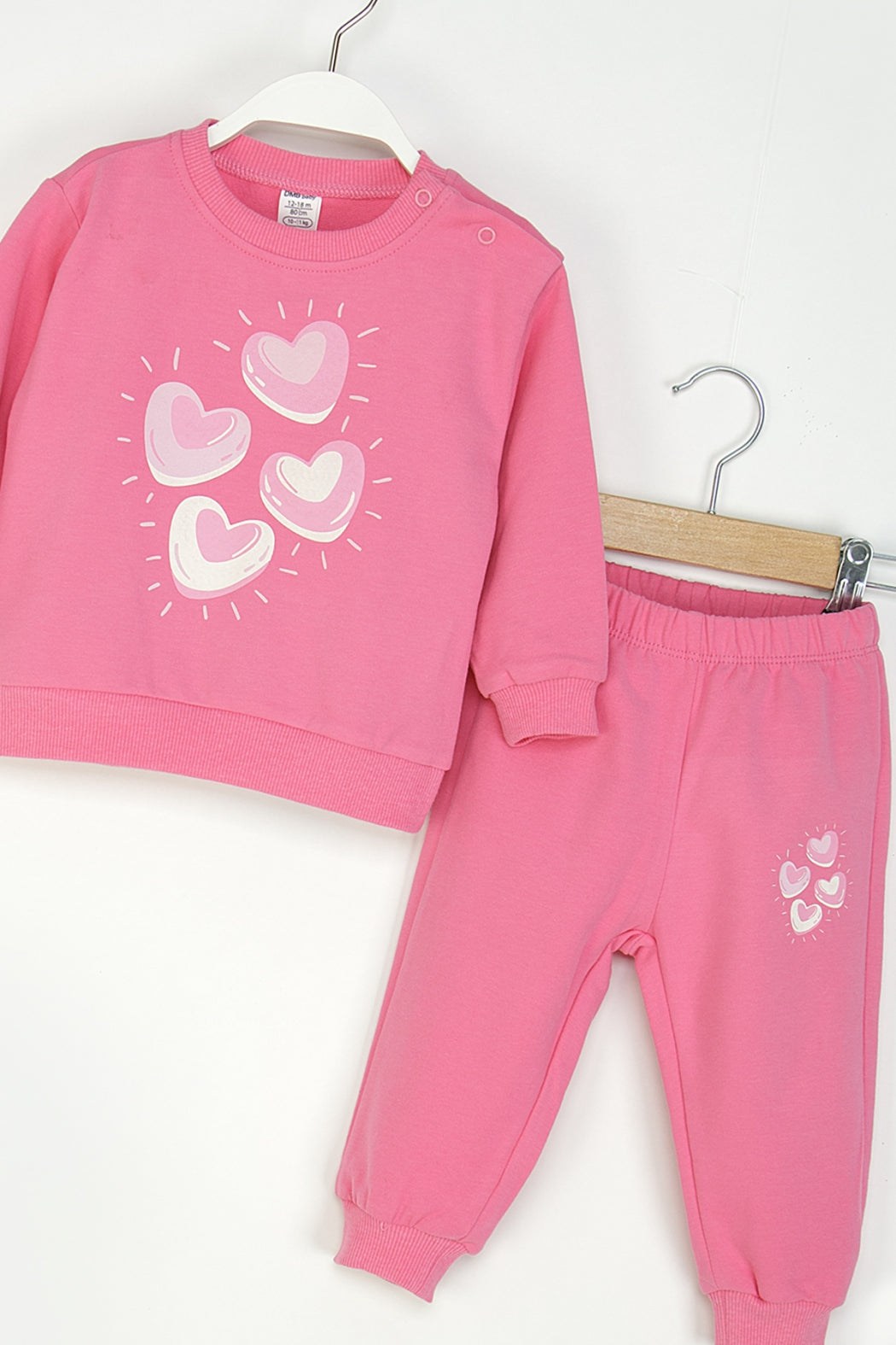 Kız Bebek Kalpli Eşofman Takım Bisiklet Yaka Sweatshirt ve Beli Lastikli Eşofman Altı
