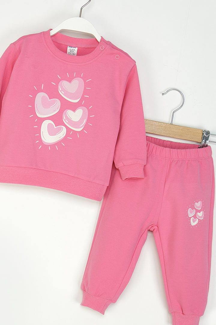 Kız Bebek Kalpli Eşofman Takım Bisiklet Yaka Sweatshirt ve Beli Lastikli Eşofman Altı