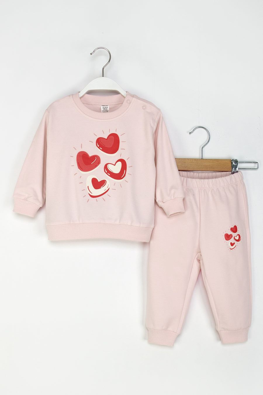 Kız Bebek Kalpli Eşofman Takım Bisiklet Yaka Sweatshirt ve Beli Lastikli Eşofman Altı