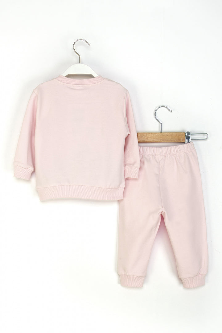Kız Bebek Kalpli Eşofman Takım Bisiklet Yaka Sweatshirt ve Beli Lastikli Eşofman Altı