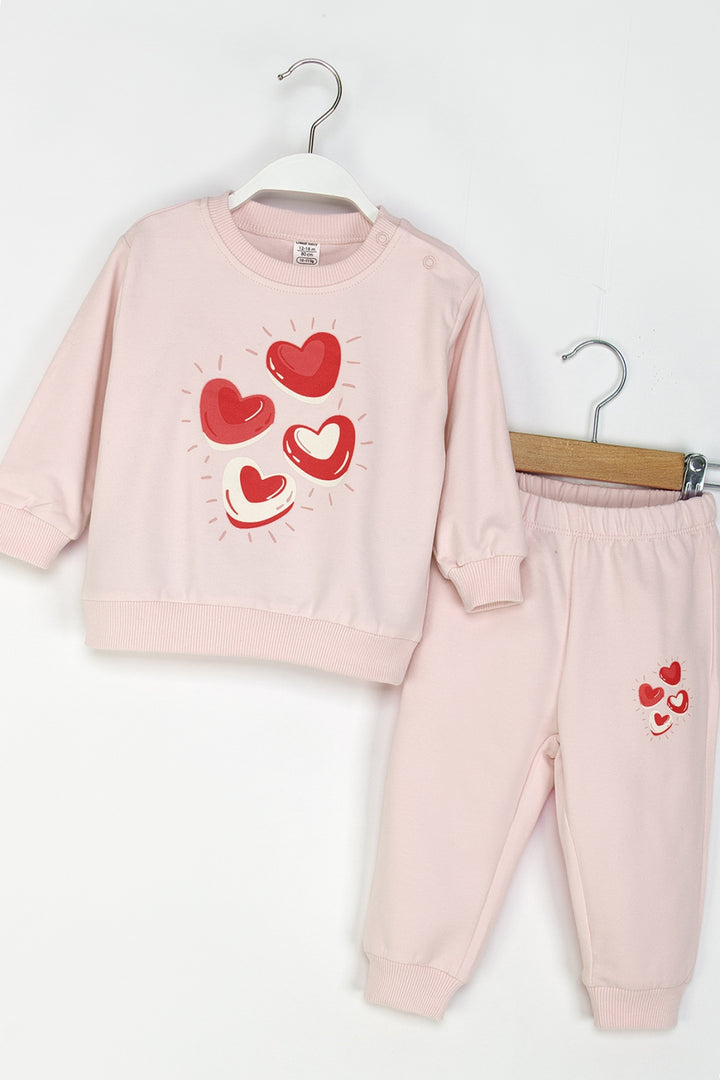 Kız Bebek Kalpli Eşofman Takım Bisiklet Yaka Sweatshirt ve Beli Lastikli Eşofman Altı