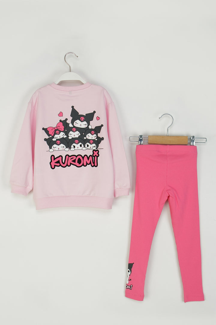Kız Çocuk Kuromi Baskılı Takım Sweatshirt ve Fitilli Esnek Tayt Kombinli