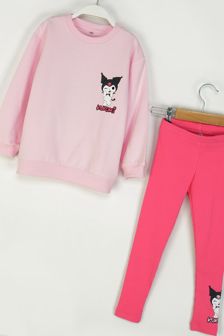 Kız Çocuk Kuromi Baskılı Takım Sweatshirt ve Fitilli Esnek Tayt Kombinli