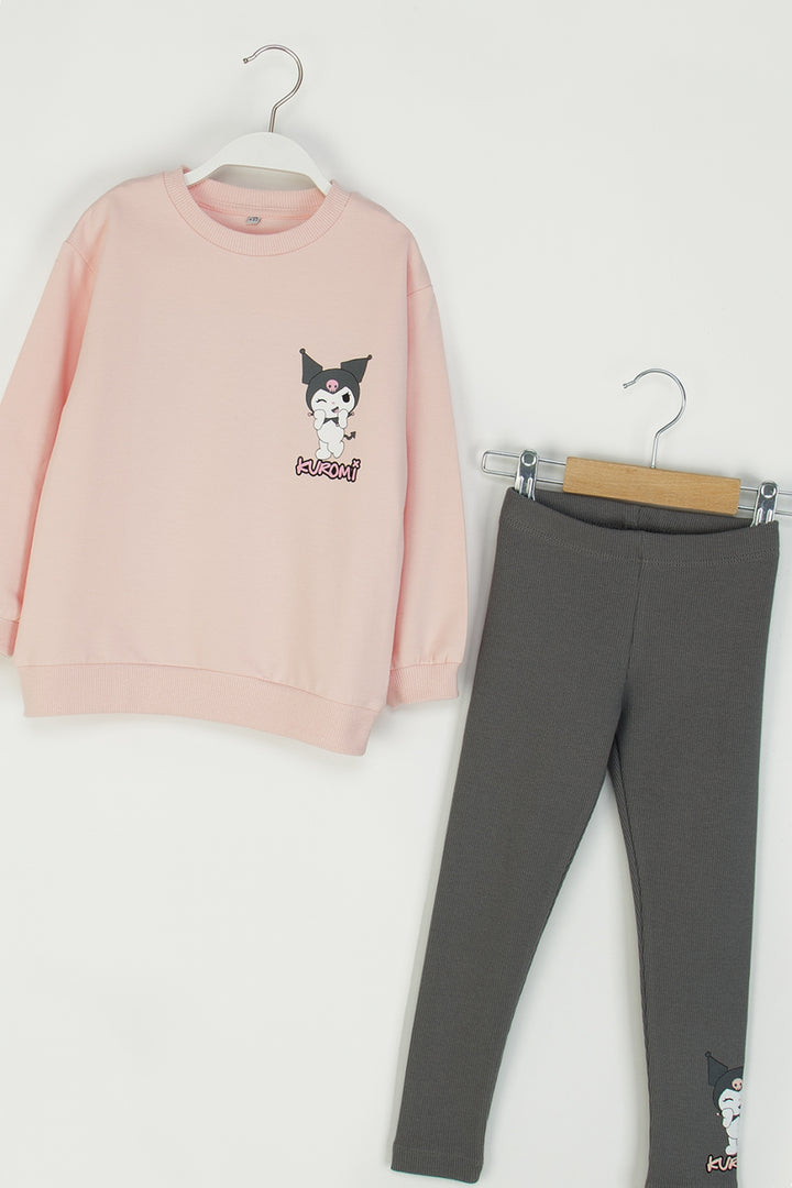 Kız Çocuk Kuromi Baskılı Takım Sweatshirt ve Fitilli Esnek Tayt Kombinli