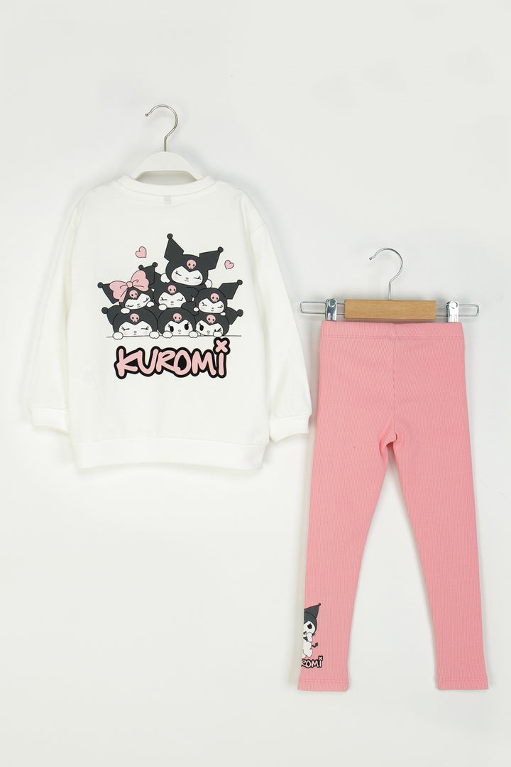Kız Çocuk Kuromi Baskılı Takım Sweatshirt ve Fitilli Esnek Tayt Kombinli
