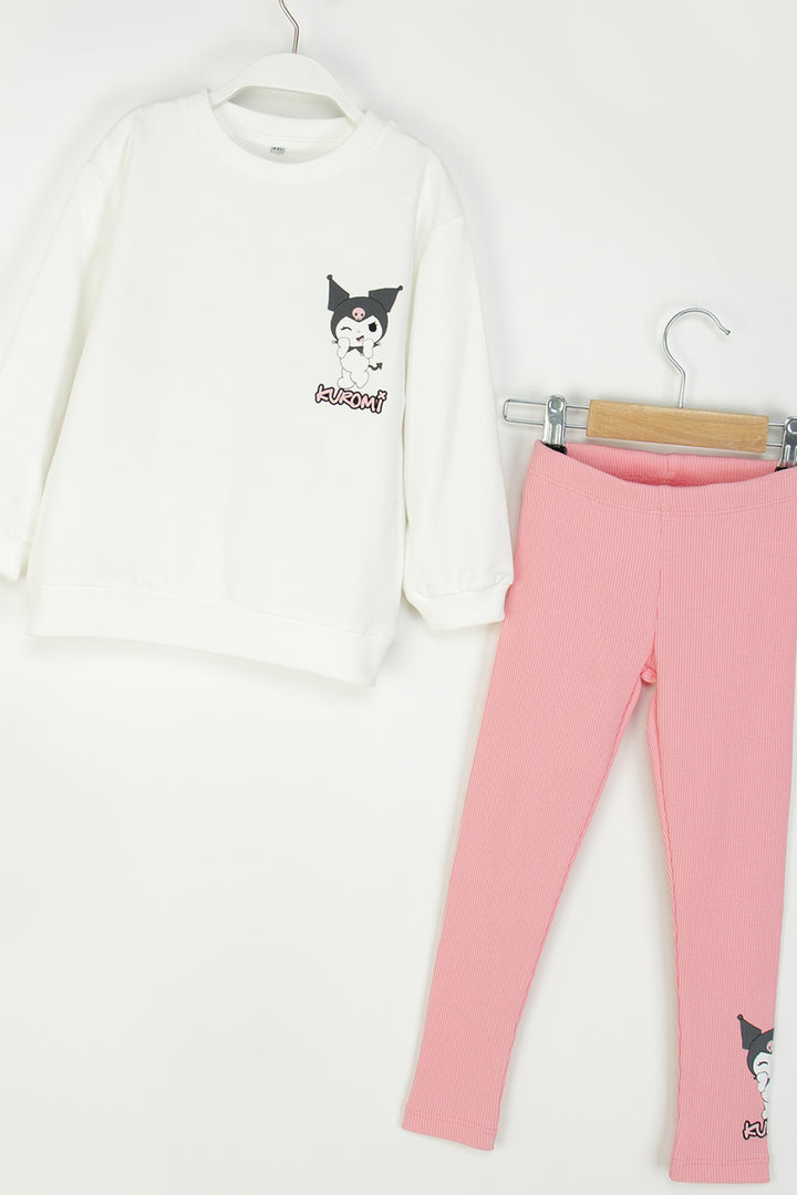 Kız Çocuk Kuromi Baskılı Takım Sweatshirt ve Fitilli Esnek Tayt Kombinli