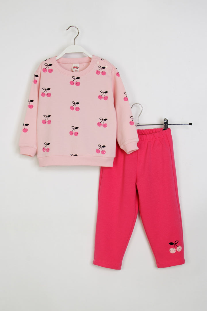 Kız Bebek Kiraz Desenli Eşofman Takım Uzun Kollu Sweatshirt ve Alt