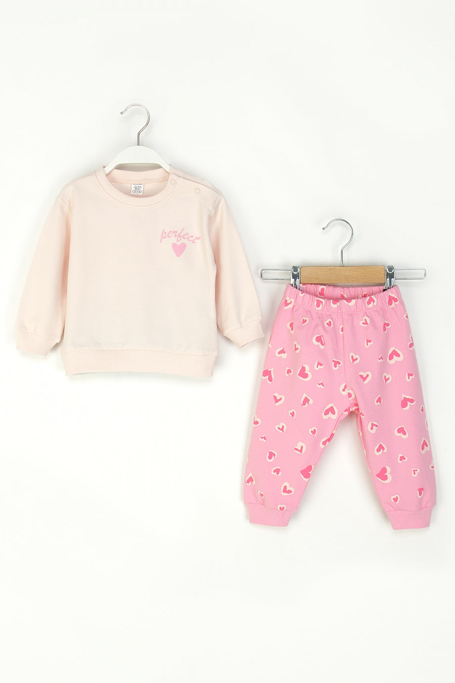 Kız Bebek Kalpli Takım Uzun Kollu Sweatshirt ve Desenli Alt-Üst Takım