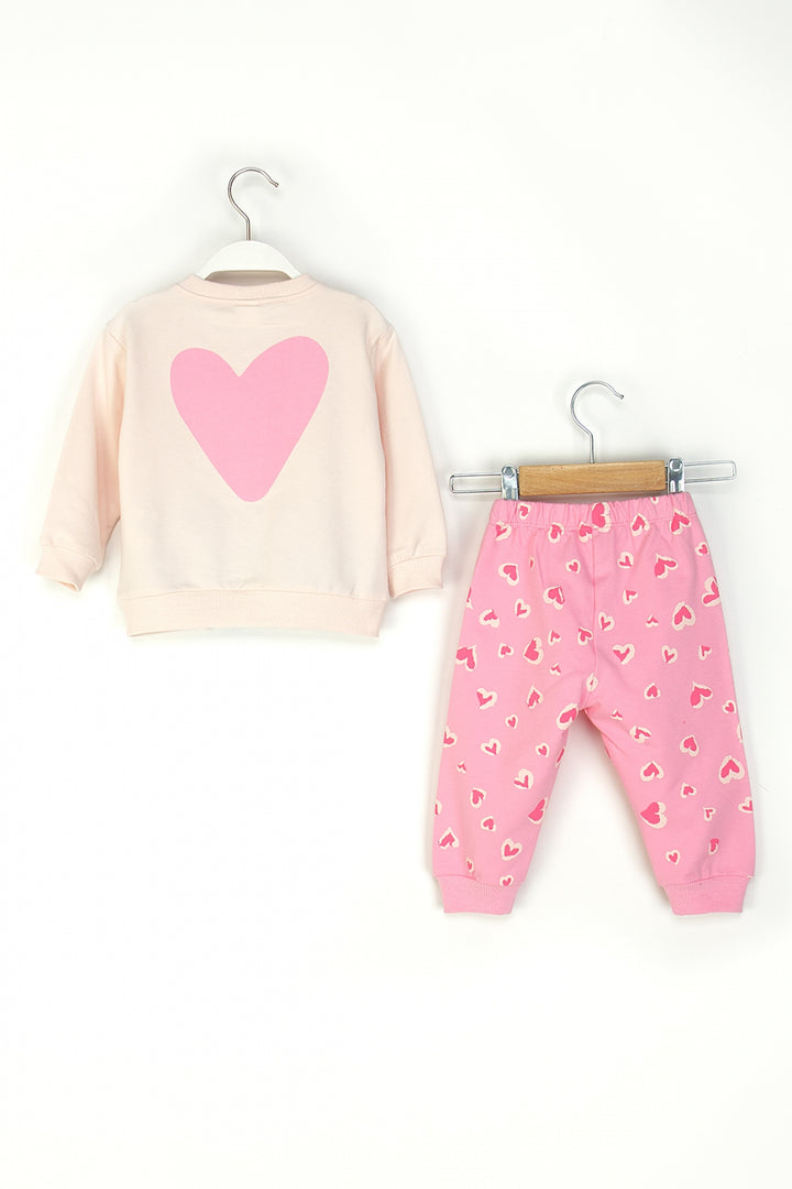 Kız Bebek Kalpli Takım Uzun Kollu Sweatshirt ve Desenli Alt-Üst Takım