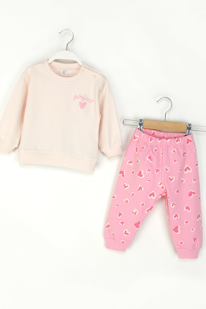 Kız Bebek Kalpli Takım Uzun Kollu Sweatshirt ve Desenli Alt-Üst Takım