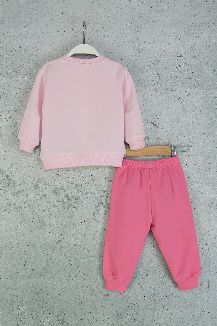 Kız Bebek Kalpli Eşofman Takım Desenli Sweatshirt ve Beli Lastikli Alt