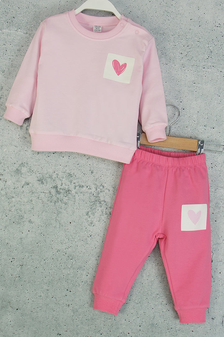 Kız Bebek Kalpli Eşofman Takım Desenli Sweatshirt ve Beli Lastikli Alt
