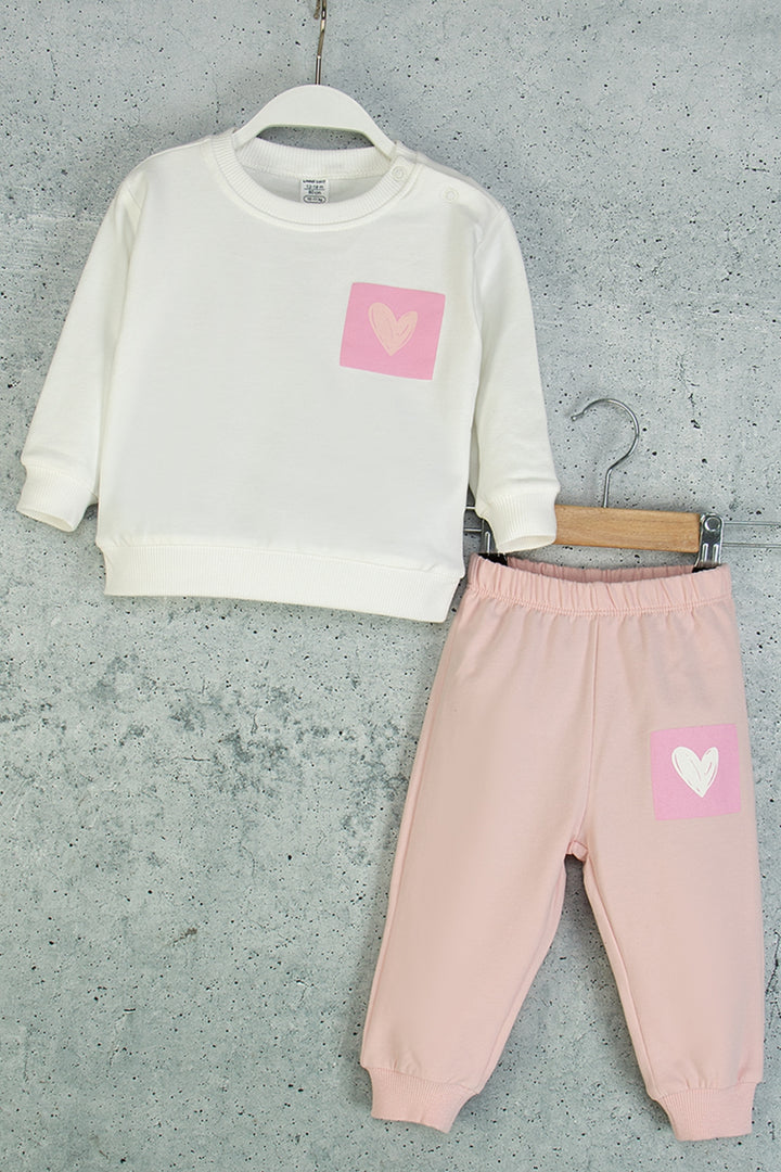 Kız Bebek Kalpli Eşofman Takım Desenli Sweatshirt ve Beli Lastikli Alt