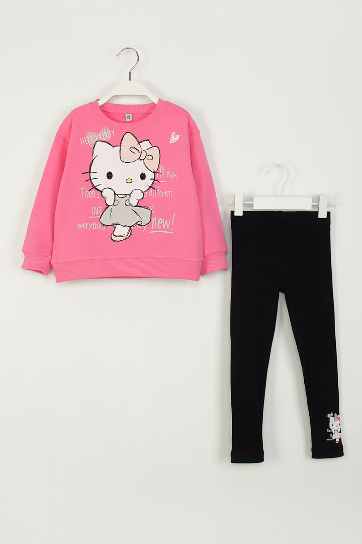 Kız Çocuk Hello Kitty Baskılı Taytlı 2’li Takım Beli Lastikli Rahat Giyim
