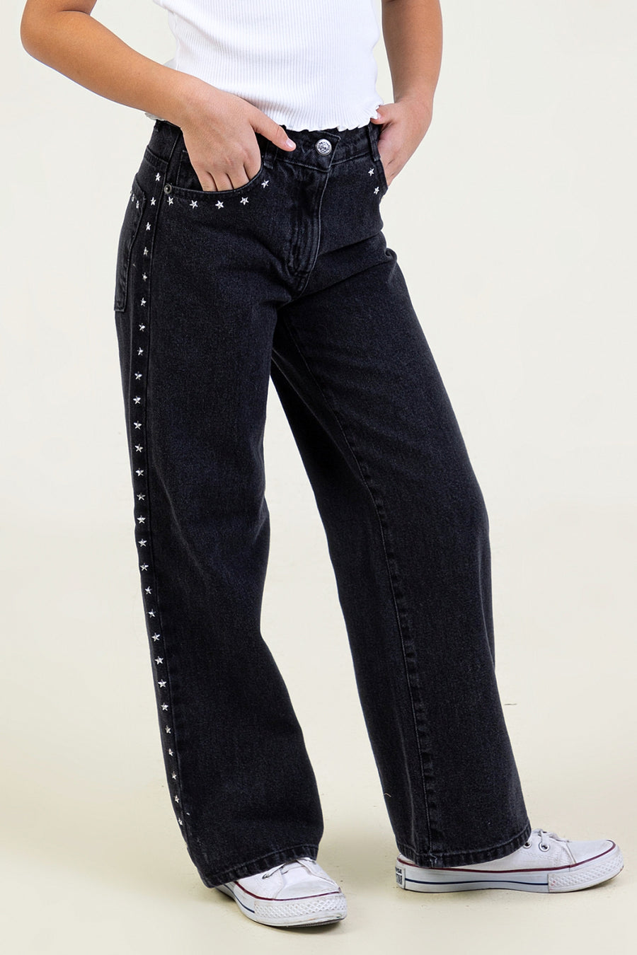 Yıldız Detaylı Kız Çocuk Geniş Paça Kot Pantolon Cepli Wide Leg Jean