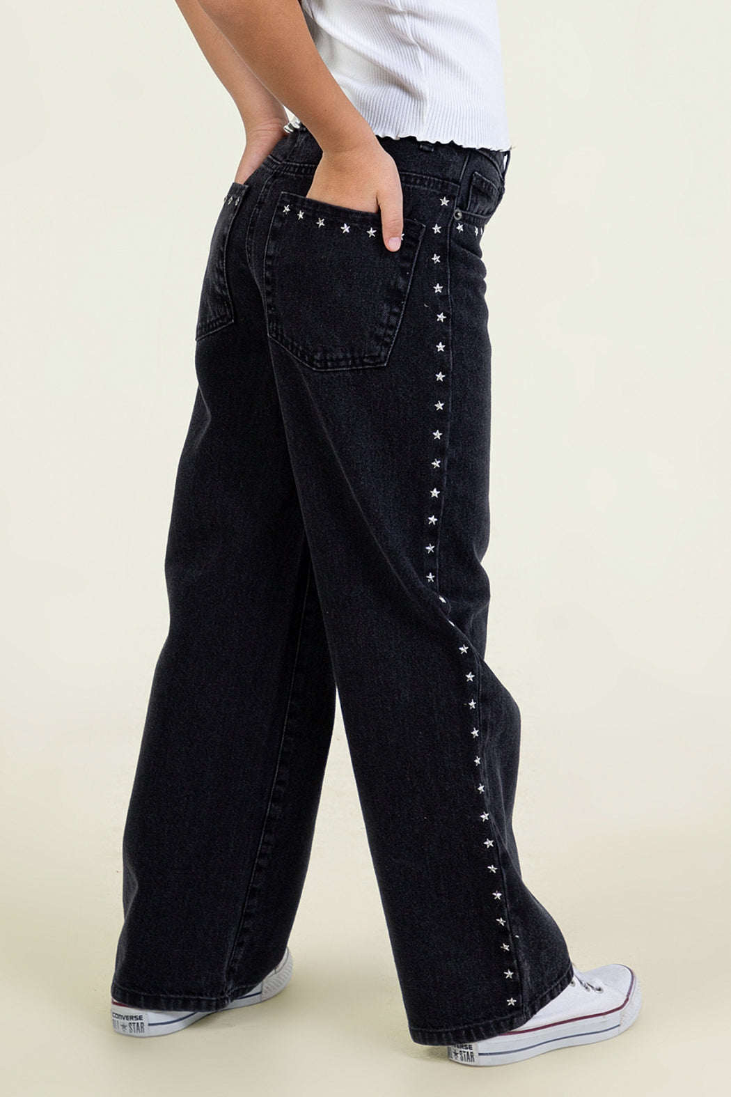 Yıldız Detaylı Kız Çocuk Geniş Paça Kot Pantolon Cepli Wide Leg Jean