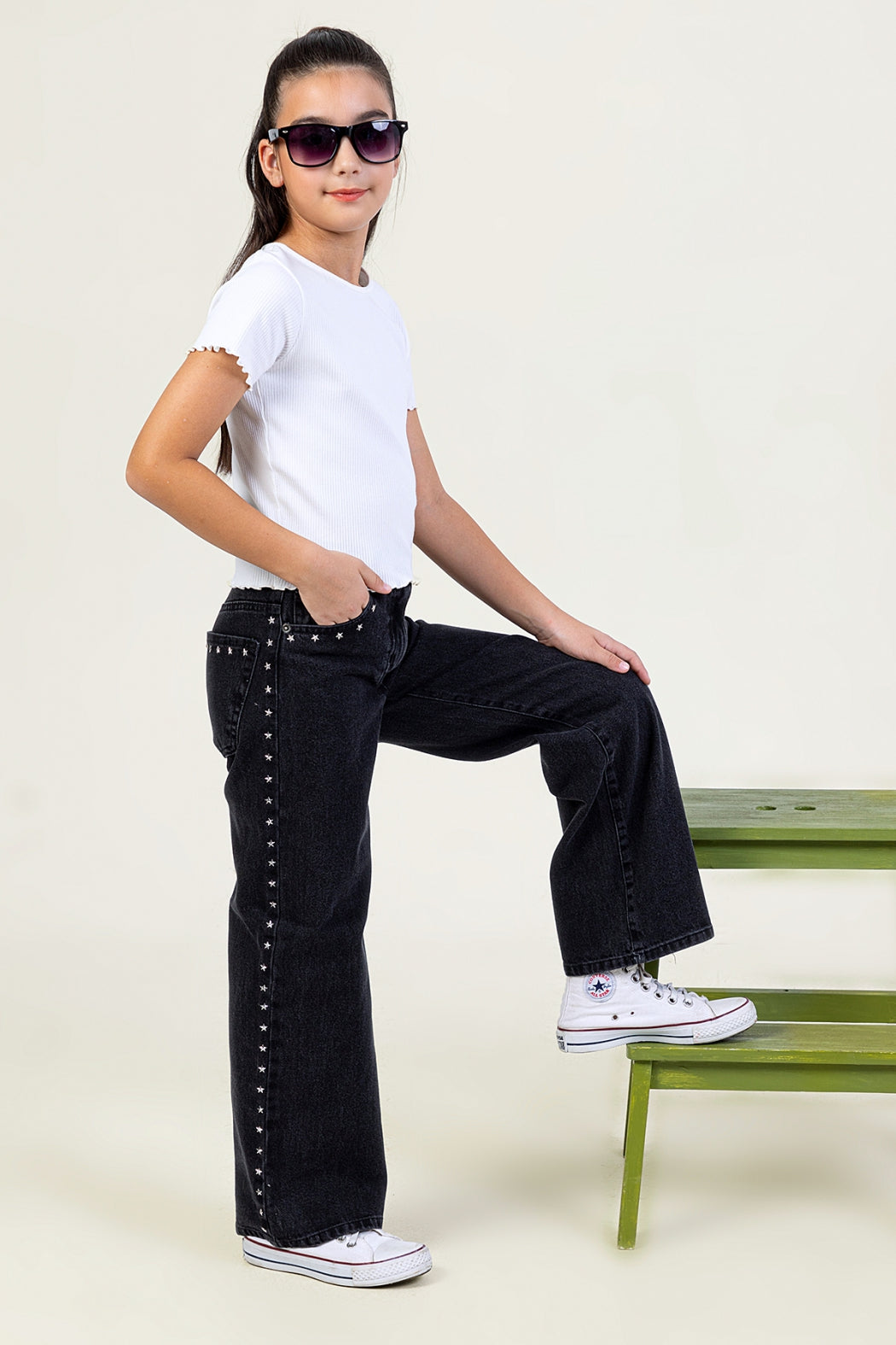 Yıldız Detaylı Kız Çocuk Geniş Paça Kot Pantolon Cepli Wide Leg Jean