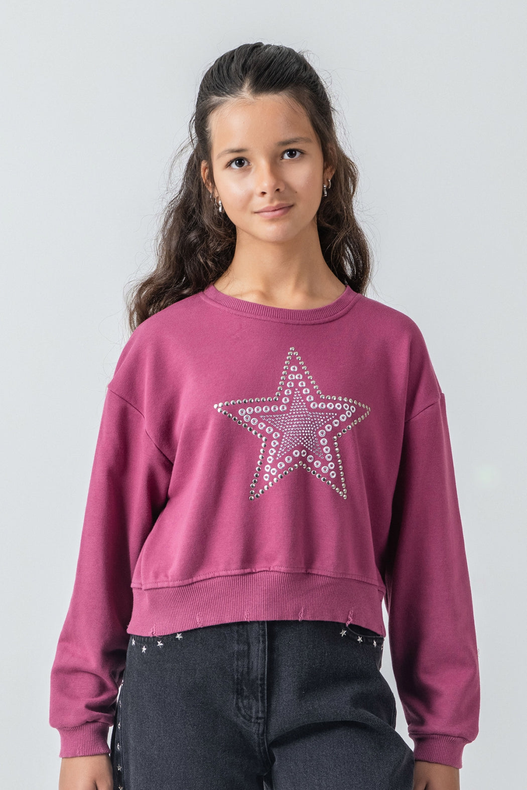 Kız Çocuk Taş Detaylı Yıldız Baskılı Sweatshirt