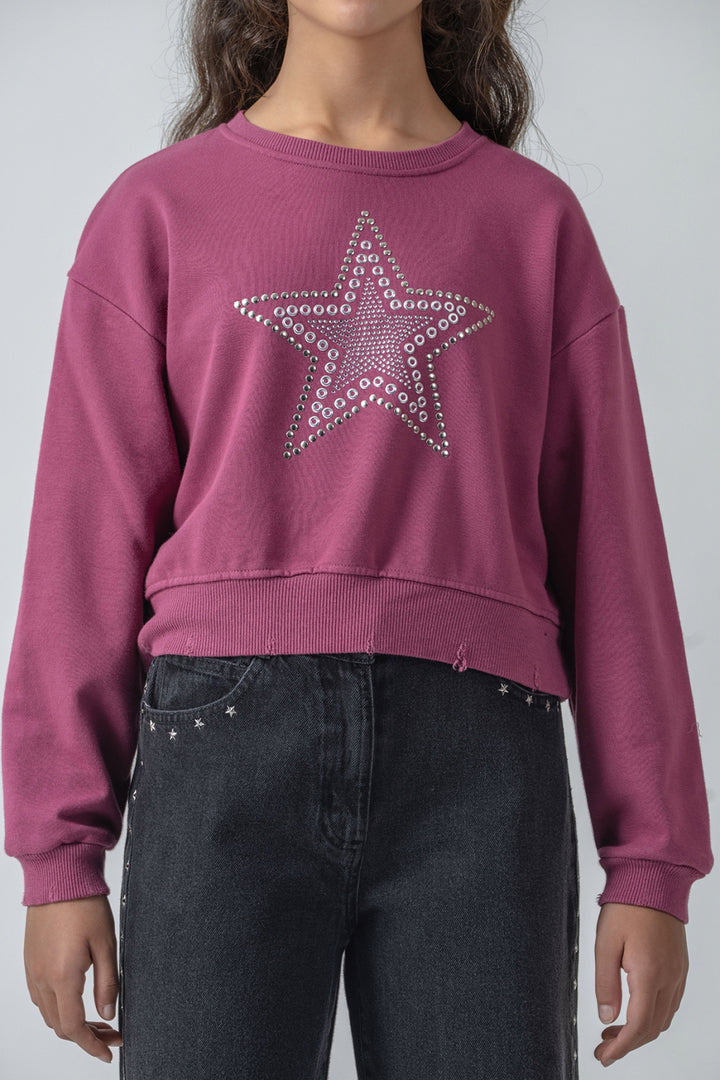 Kız Çocuk Taş Detaylı Yıldız Baskılı Sweatshirt