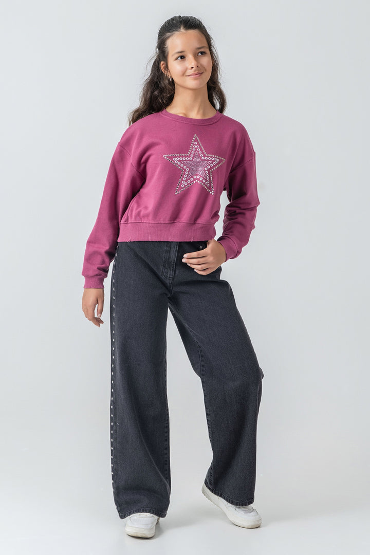 Kız Çocuk Taş Detaylı Yıldız Baskılı Sweatshirt