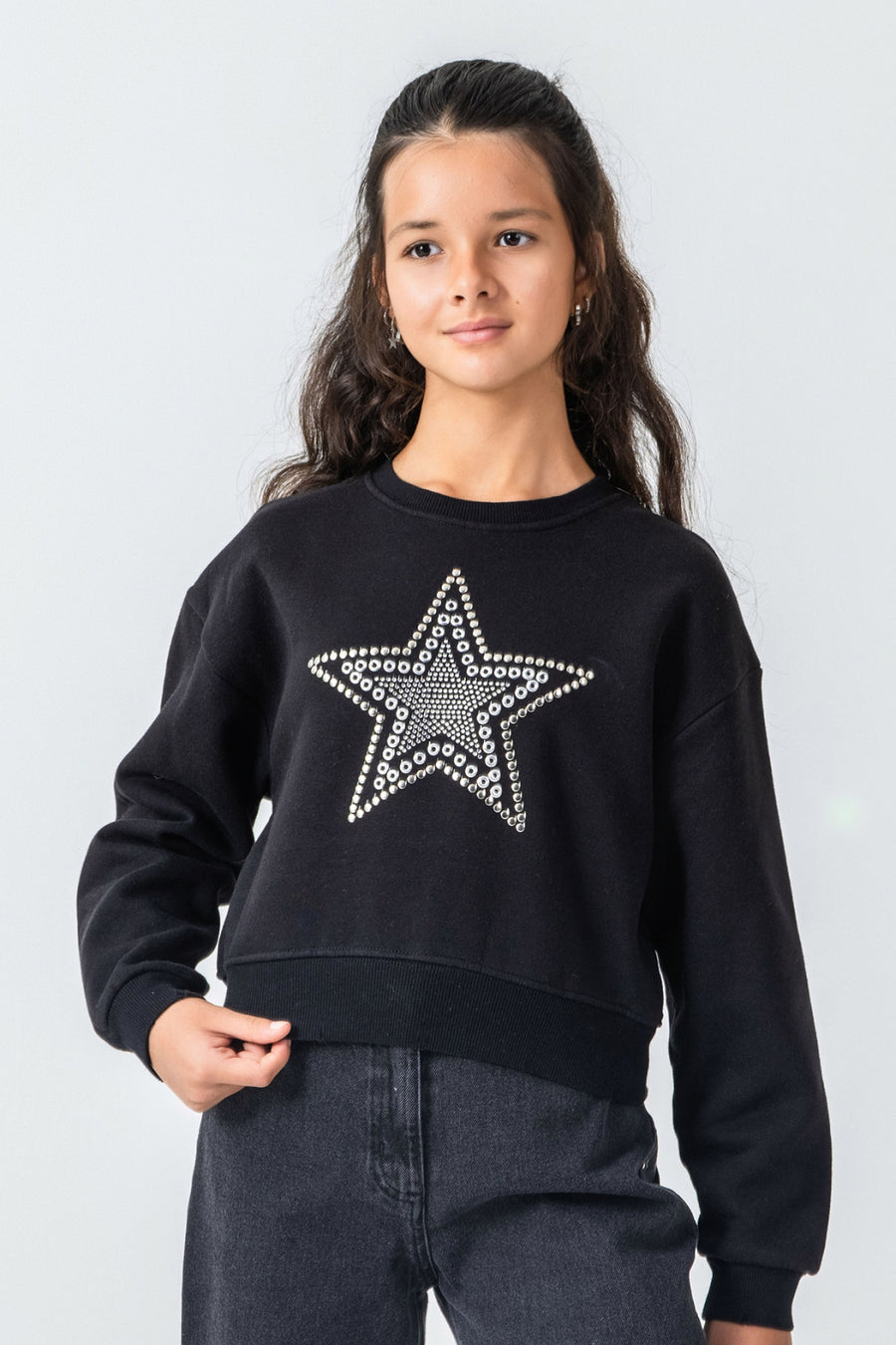 Kız Çocuk Taş Detaylı Yıldız Baskılı Sweatshirt