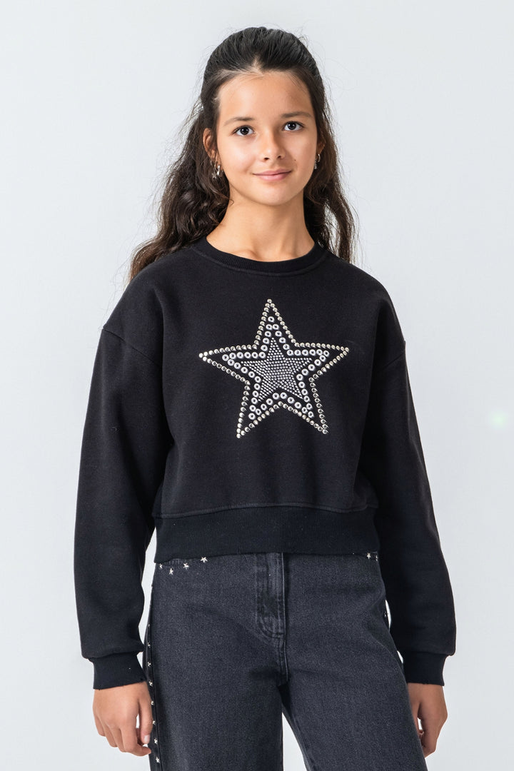 Kız Çocuk Taş Detaylı Yıldız Baskılı Sweatshirt