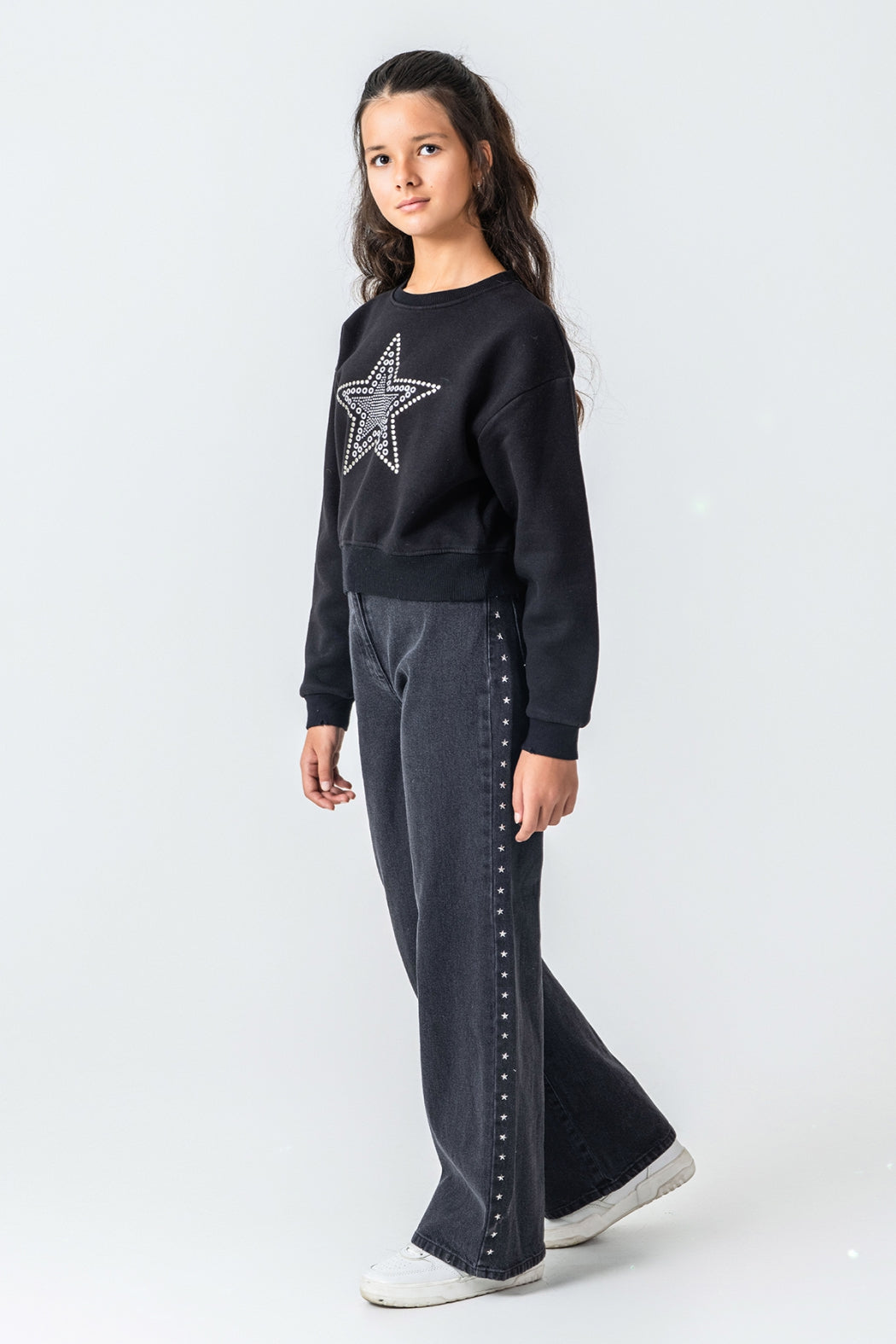Kız Çocuk Taş Detaylı Yıldız Baskılı Sweatshirt