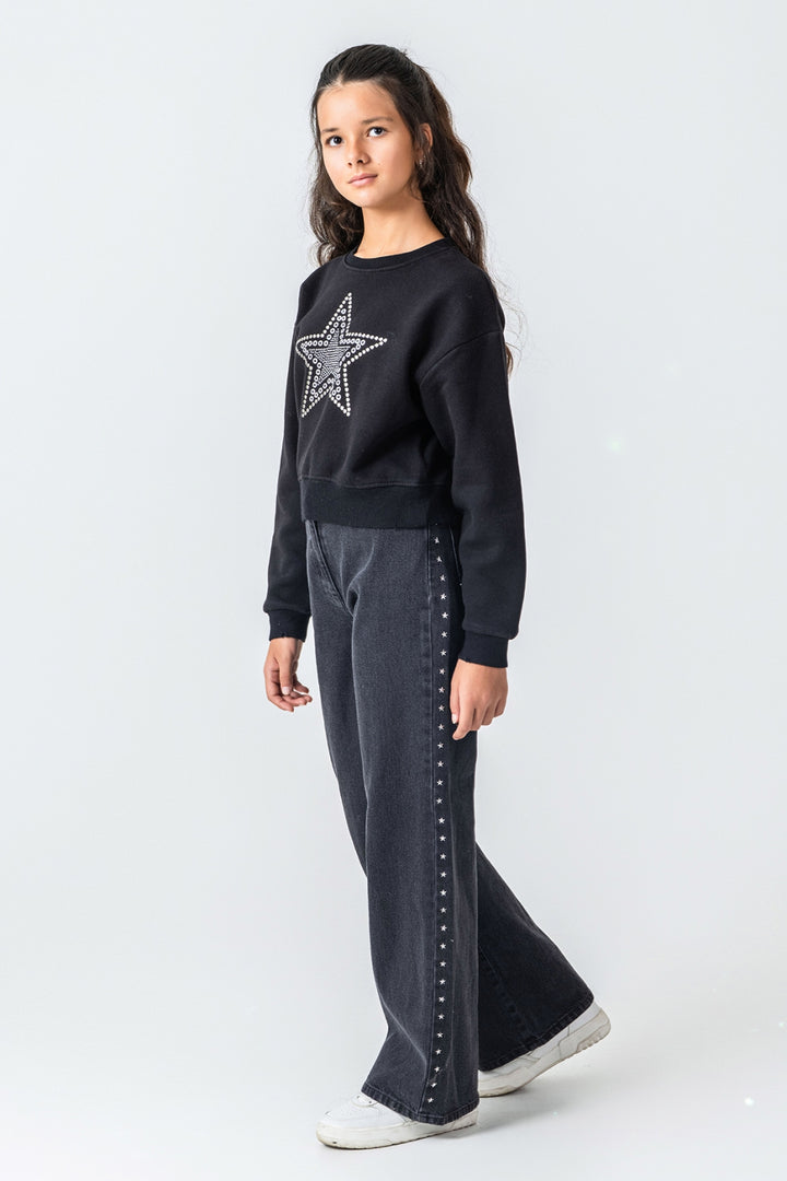 Kız Çocuk Taş Detaylı Yıldız Baskılı Sweatshirt