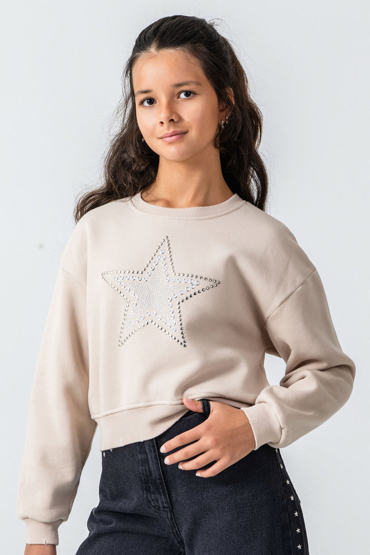 Kız Çocuk Taş Detaylı Yıldız Baskılı Sweatshirt