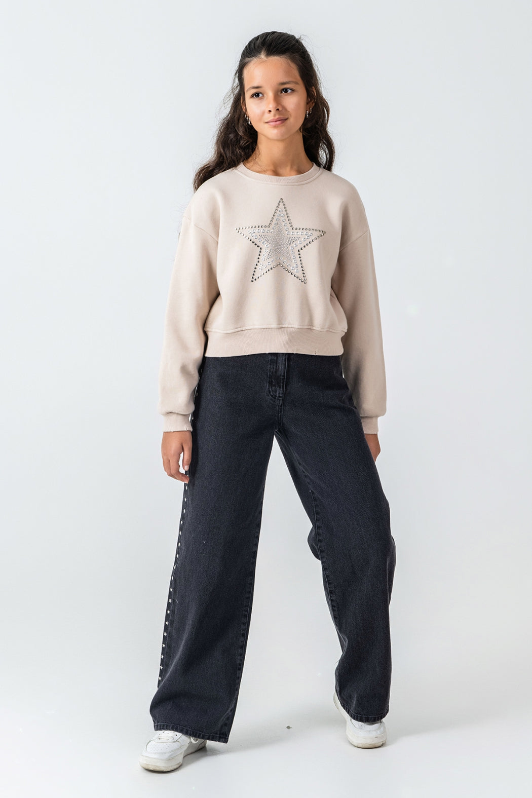 Kız Çocuk Taş Detaylı Yıldız Baskılı Sweatshirt