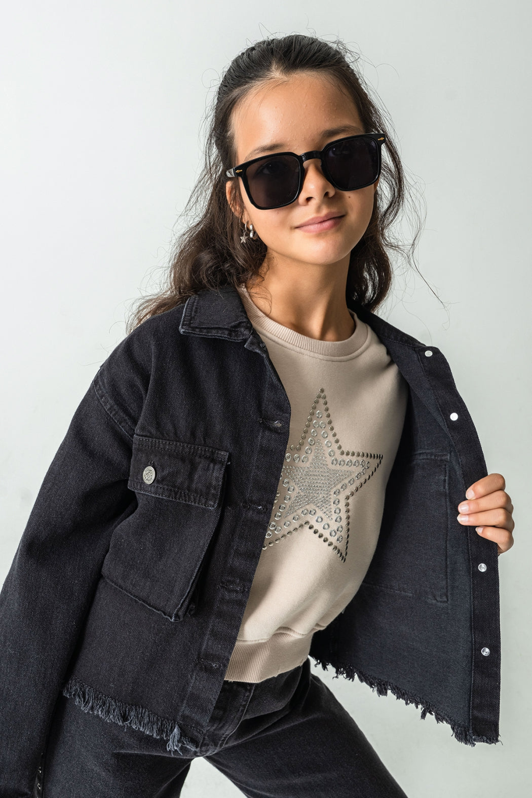 Kız Çocuk Taş Detaylı Yıldız Baskılı Sweatshirt