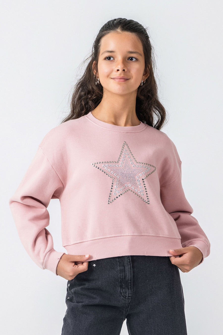 Kız Çocuk Taş Detaylı Yıldız Baskılı Sweatshirt