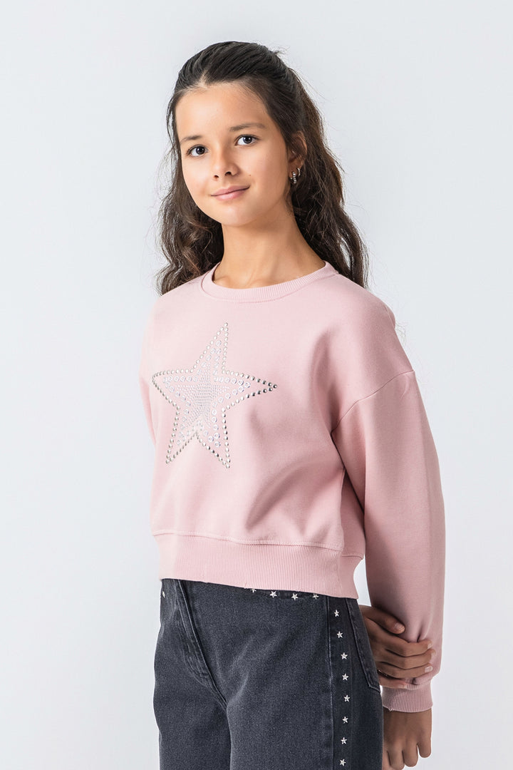 Kız Çocuk Taş Detaylı Yıldız Baskılı Sweatshirt