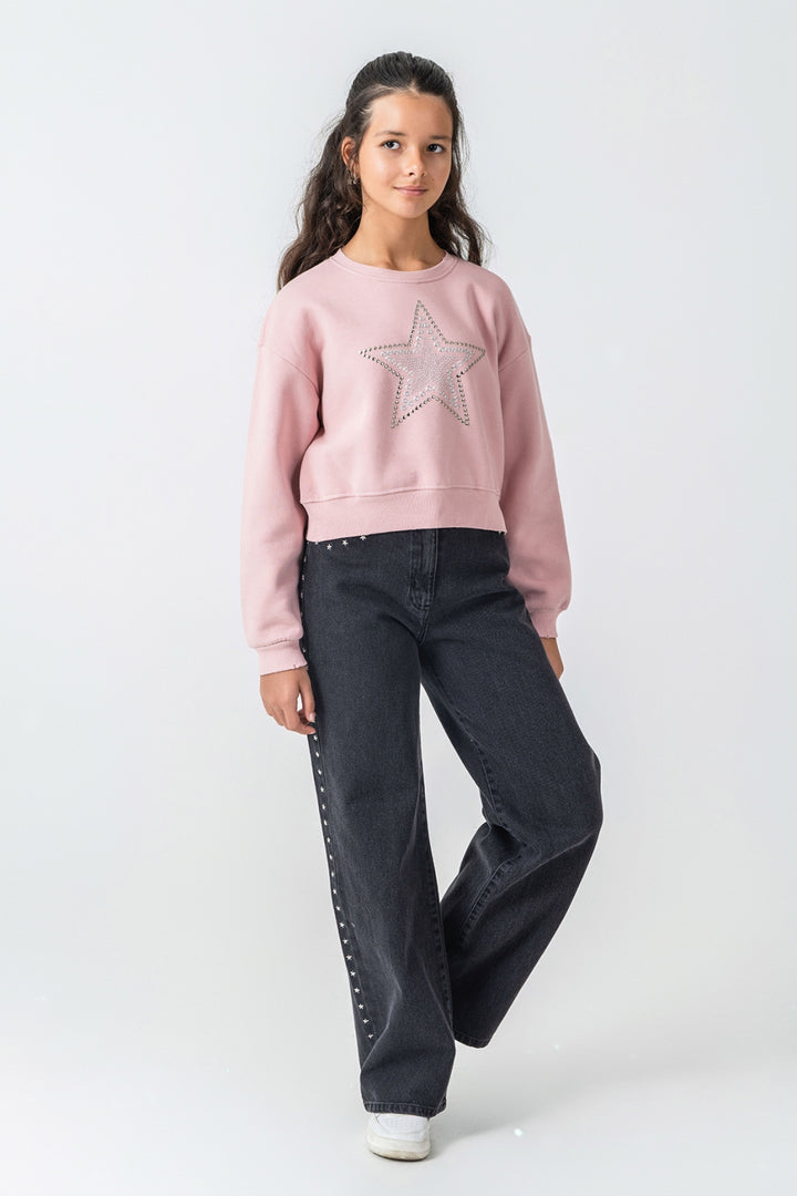 Kız Çocuk Taş Detaylı Yıldız Baskılı Sweatshirt